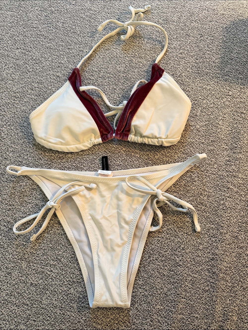 PrettyLittleThing Cream and Burgundy Triangle String Bikini Set